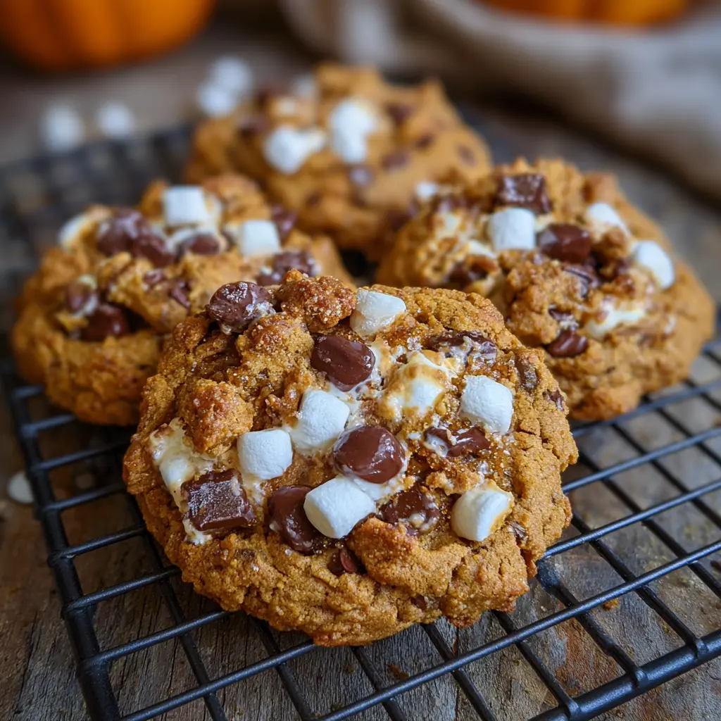 Stack of golden pumpkin cookies with chocolate and marshmallow peeking through