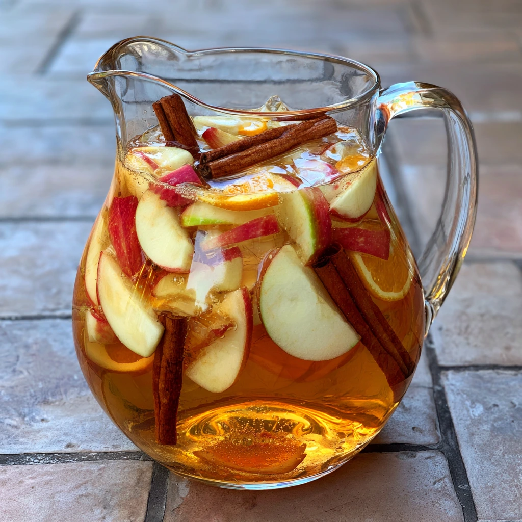 Pitcher of apple cider sangria with apple slices, orange slices, and cinnamon sticks, served in glasses over ice.