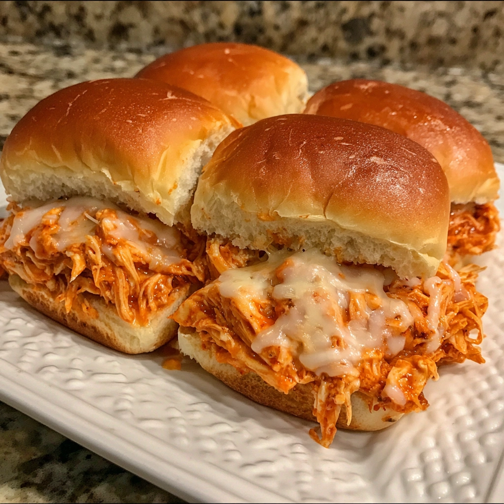 Close-up of cheesy buffalo chicken slider pulled apart