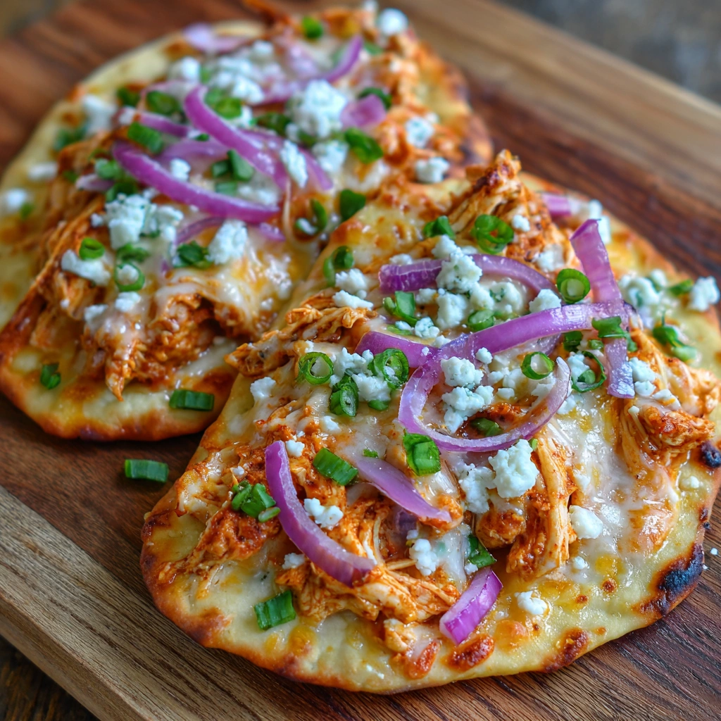 Buffalo chicken naan pizza with melty cheese and fresh toppings