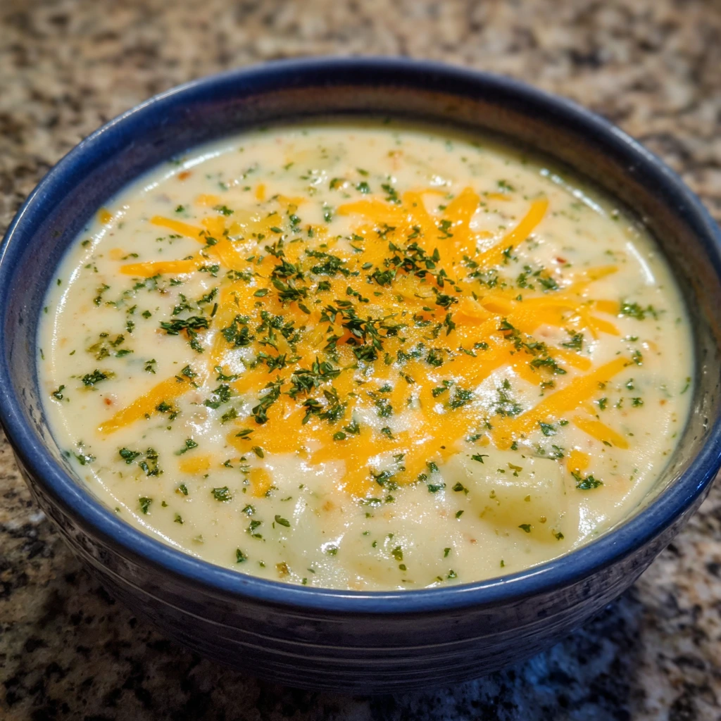 Creamy cheddar garlic herb potato soup topped with shredded cheese and herbs in a cozy bowl.