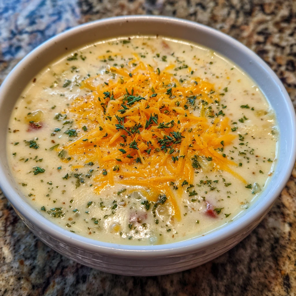 Creamy cheddar garlic herb potato soup topped with shredded cheese and herbs in a cozy bowl.
