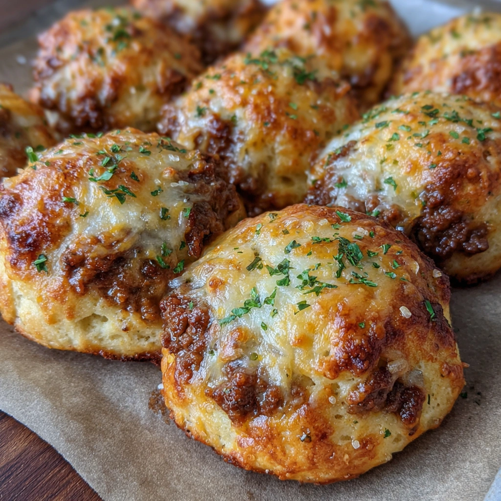 Cheeseburger bombs broken open to show melty beef and cheese filling
