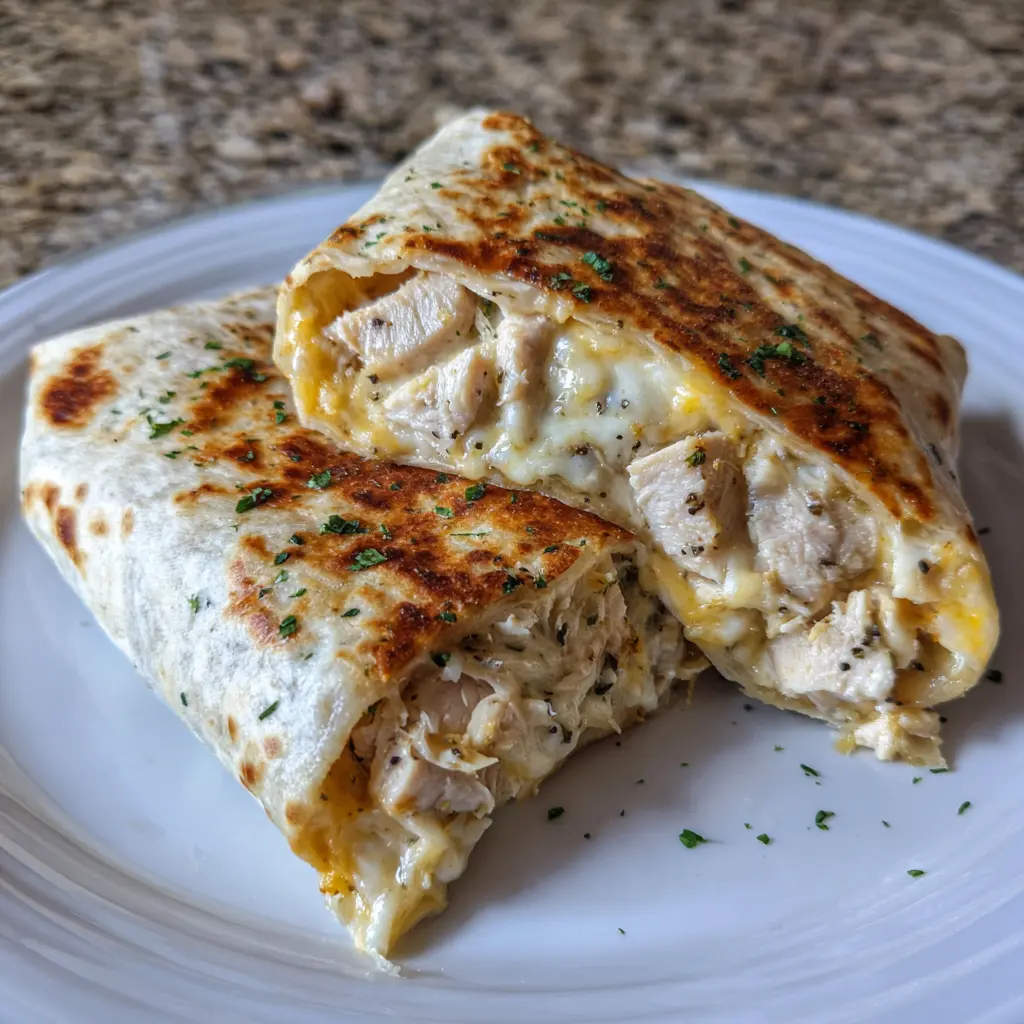 Golden garlic chicken wraps sliced and served hot