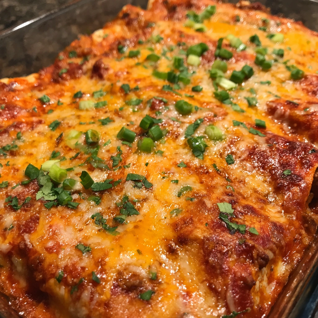 Cheesy Ground Beef Enchiladas in a baking dish with golden cheese topping