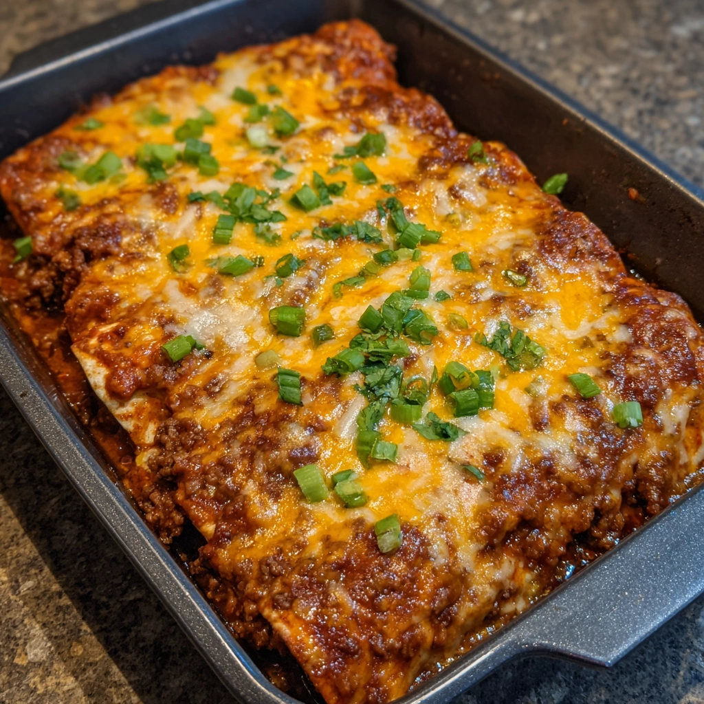 Close-up of beef-filled enchiladas dripping with zesty sauce