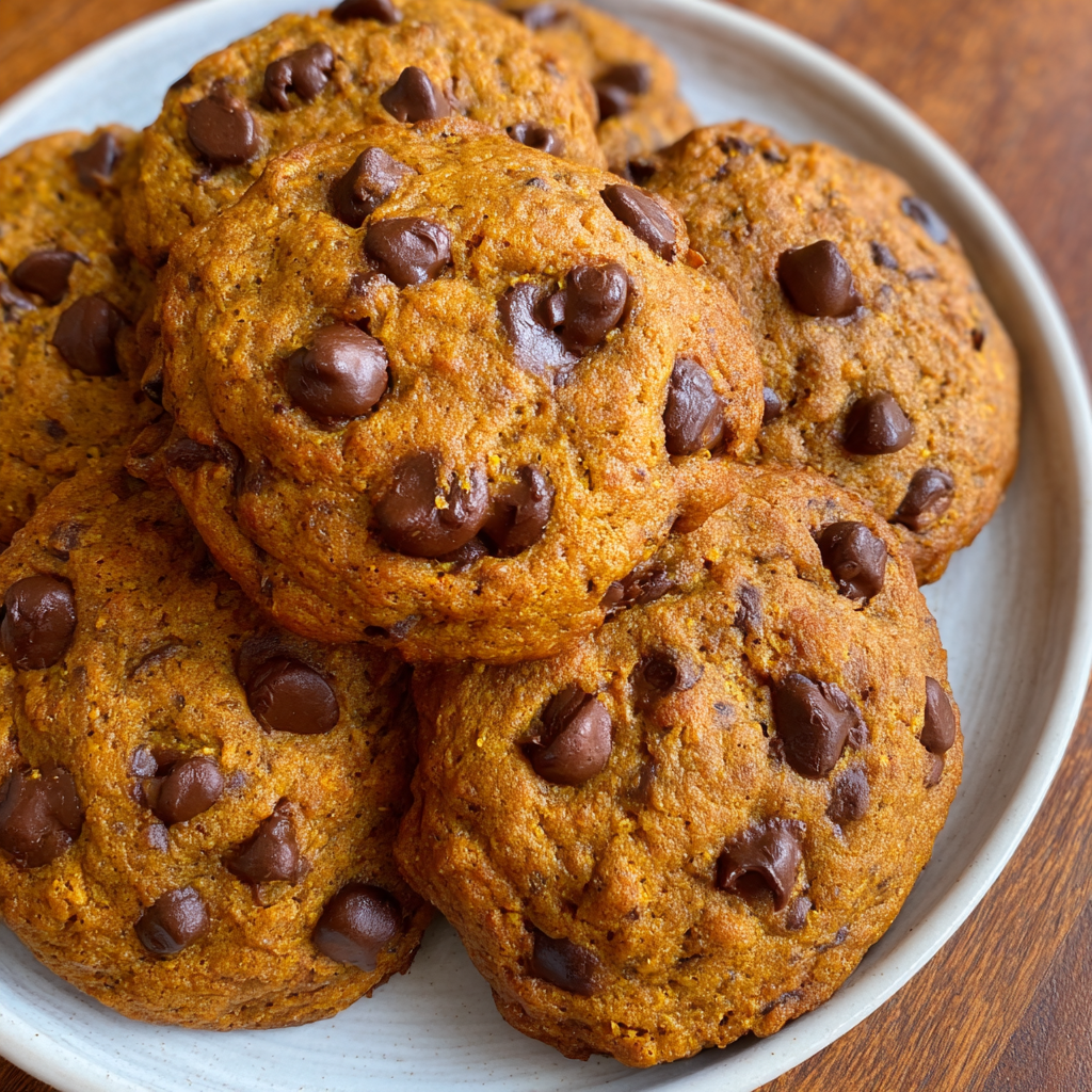 Stack of pumpkin cookies with visible chocolate chunks