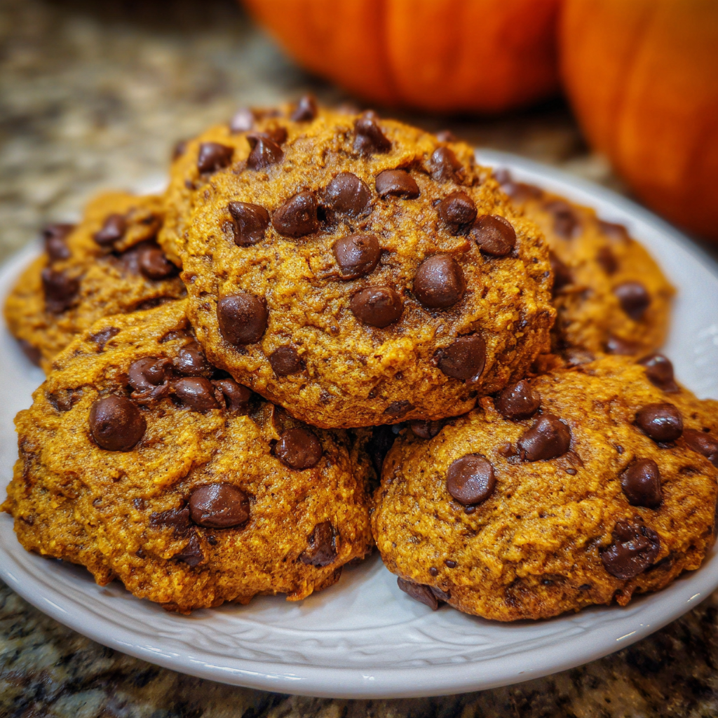 Chewy pumpkin chocolate chip cookie with melted chocolate chips