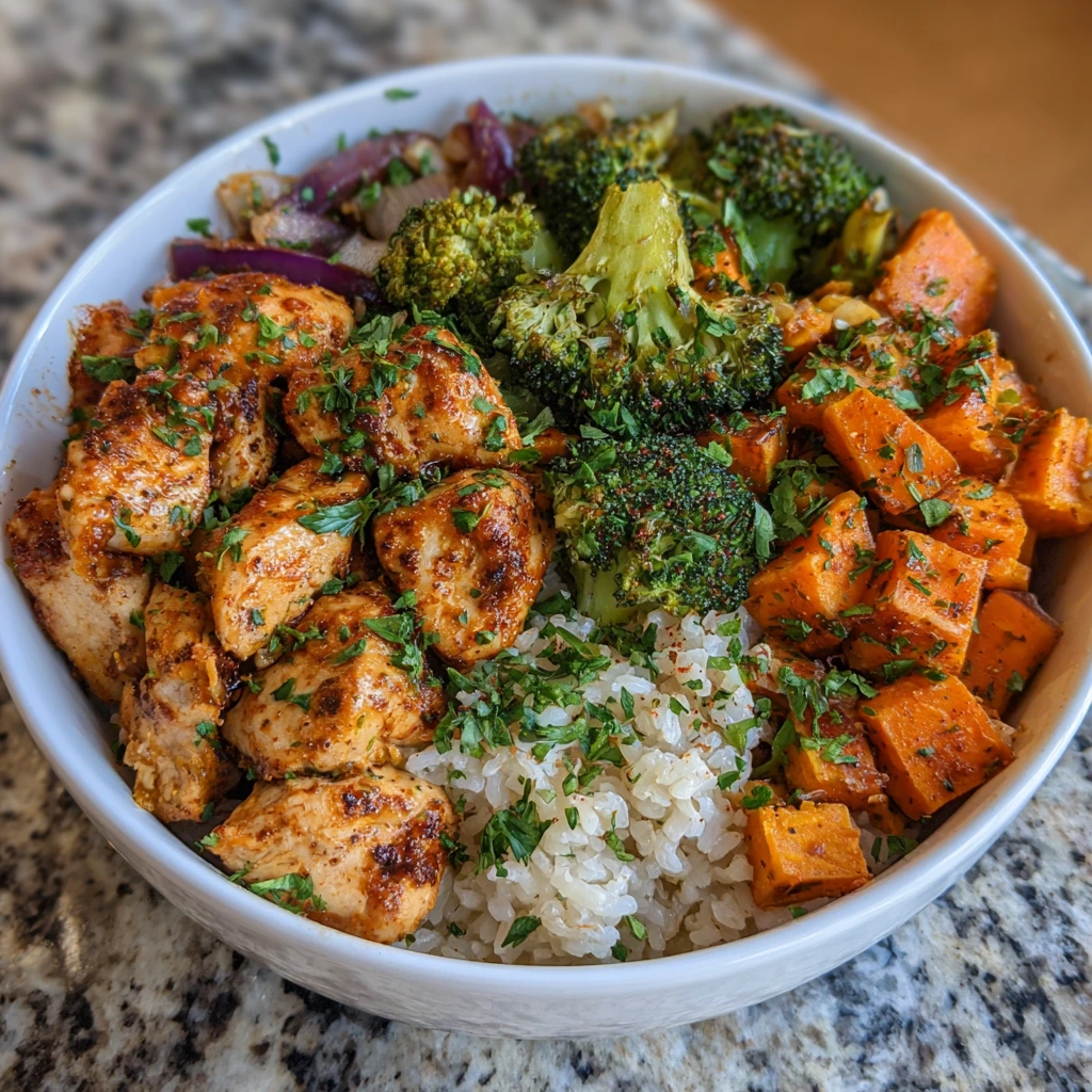 Overhead view of a rice bowl with golden chicken and roasted sweet potatoes.