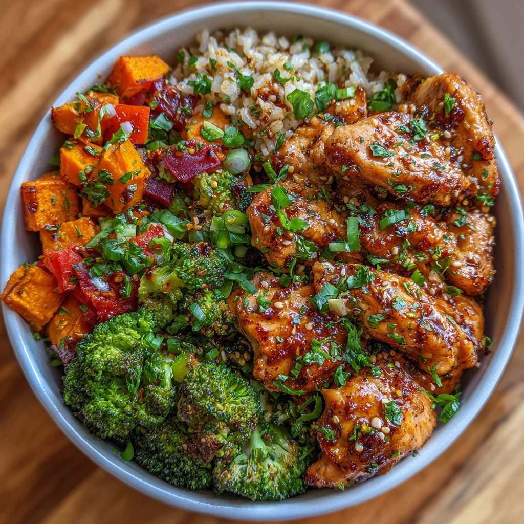 Fork digging into a chicken and sweet potato rice bowl with vegetables.