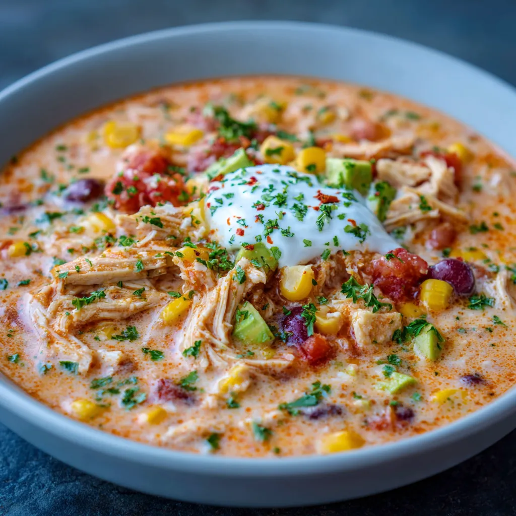 Creamy chicken taco soup in a bowl topped with cheese and chips