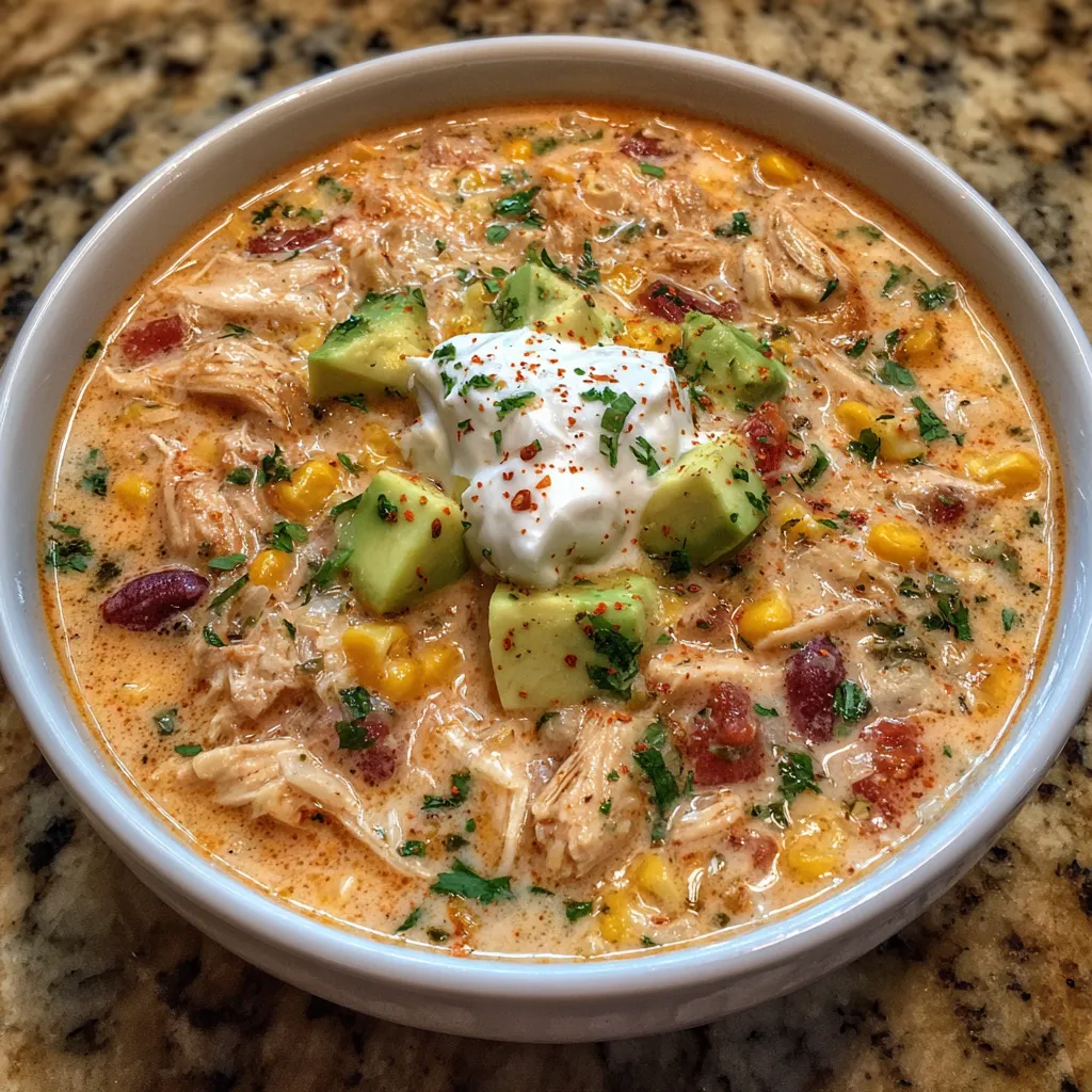 Bowl of chicken soup with corn, beans, and tomatoes