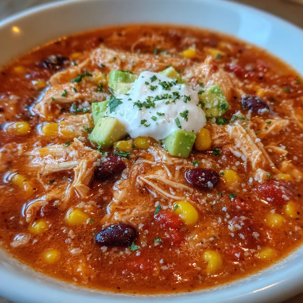 Garnished taco soup with avocado and tortilla chips