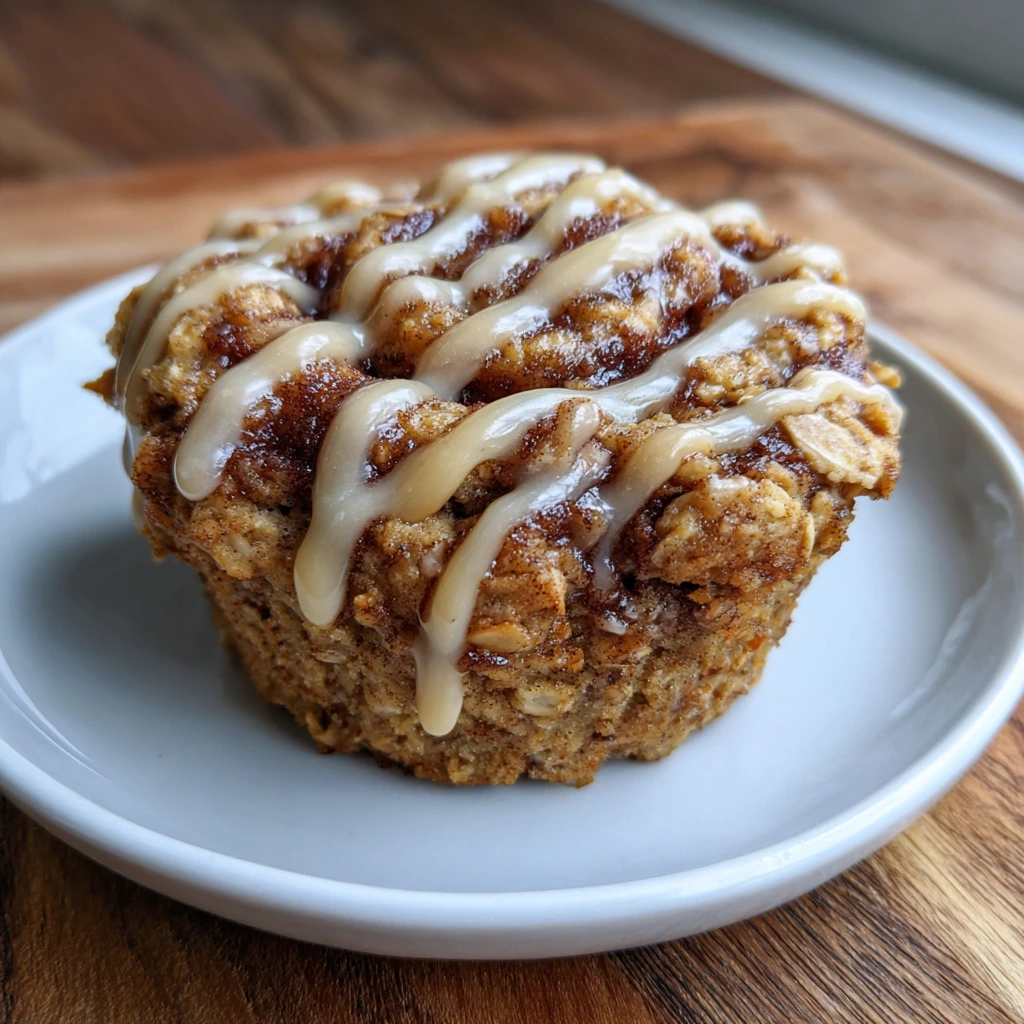 Warm, golden-baked cinnamon roll oatmeal with a drizzle of yogurt glaze