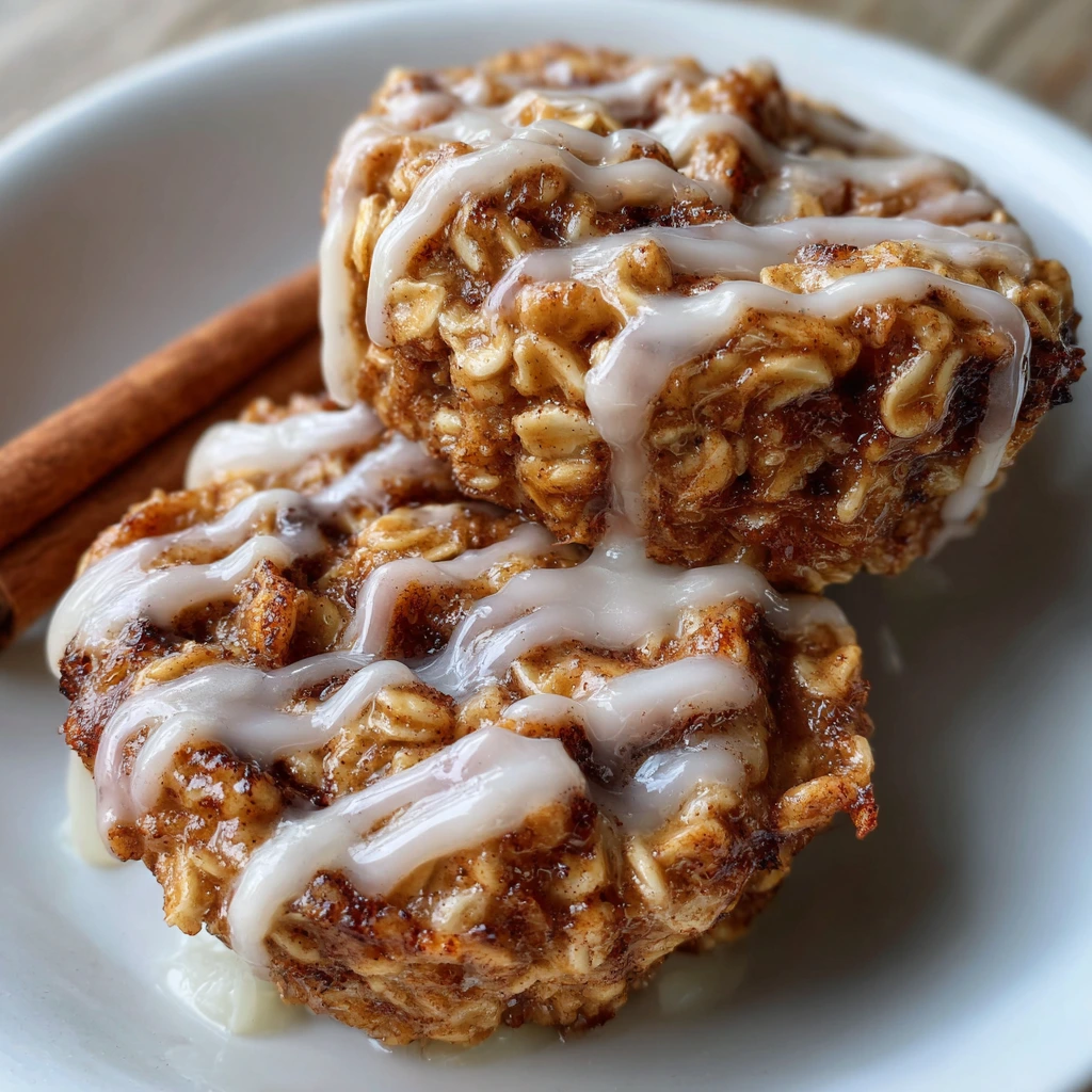 Cinnamon Roll Oatmeal Bakes on a plate with warm glaze