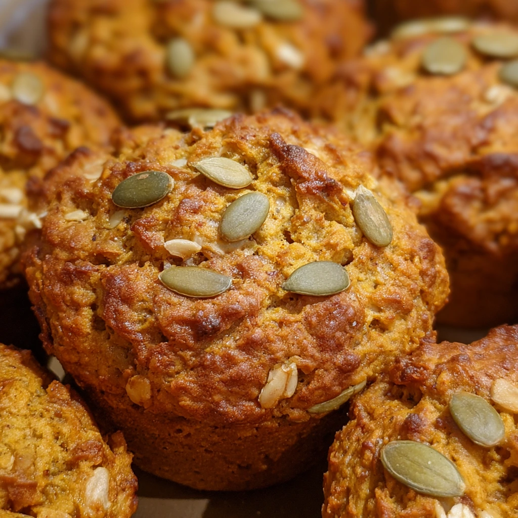 Muffin tin filled with freshly baked pumpkin muffins topped with pepitas.