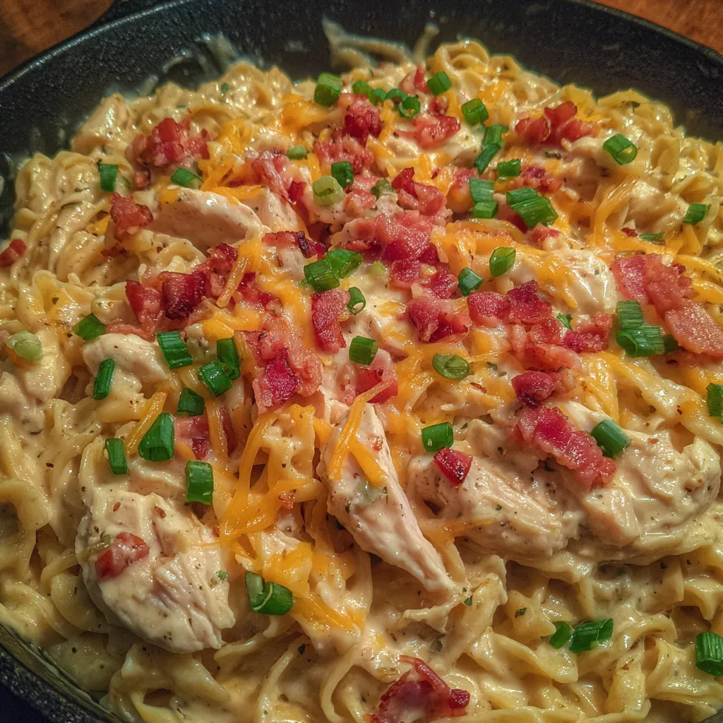 Fork twirling creamy chicken noodles with bacon and cheese