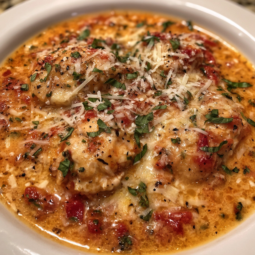 Close-up of creamy chicken soup with shredded chicken and spinach