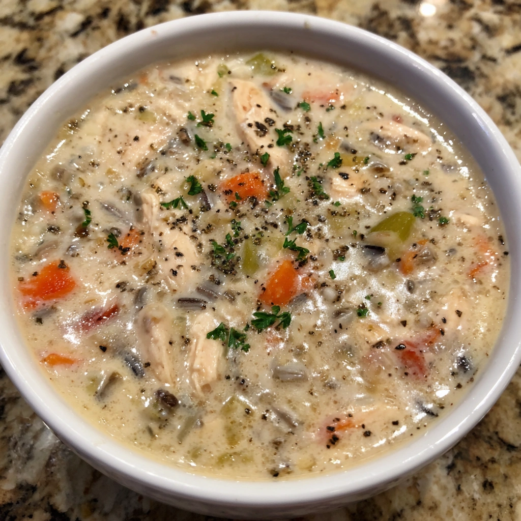 Slow cooker filled with chicken wild rice soup with herbs