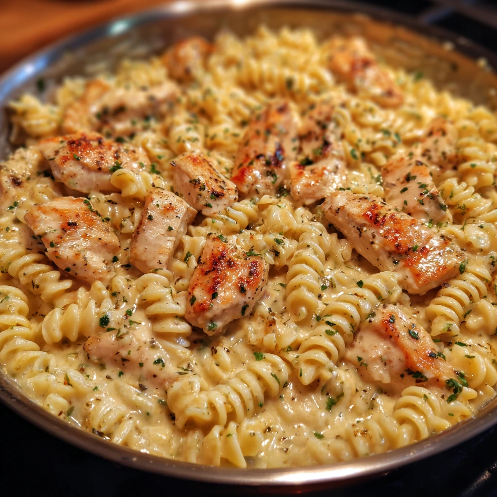 Creamy garlic parmesan pasta with juicy chicken and herbs in a skillet