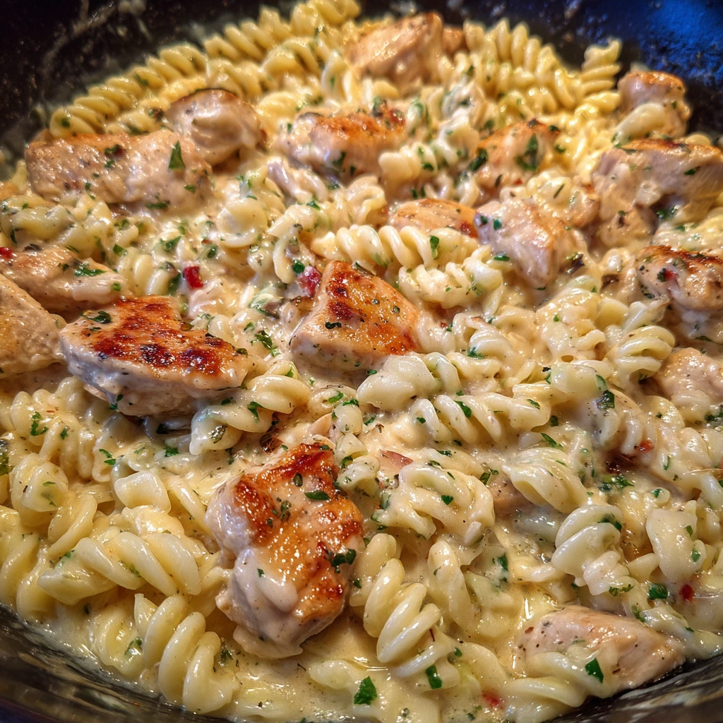 Velvety chicken pasta topped with parsley and parmesan