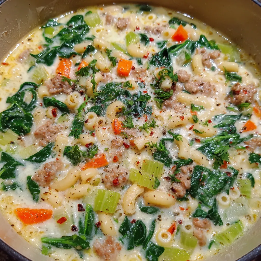 Pot of creamy sausage soup with pasta, greens, and carrots