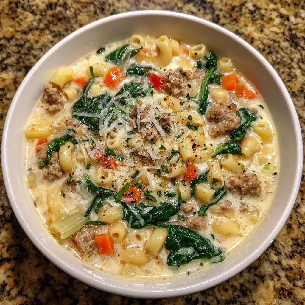 Close-up of creamy pasta soup with sausage, greens, and Parmesan