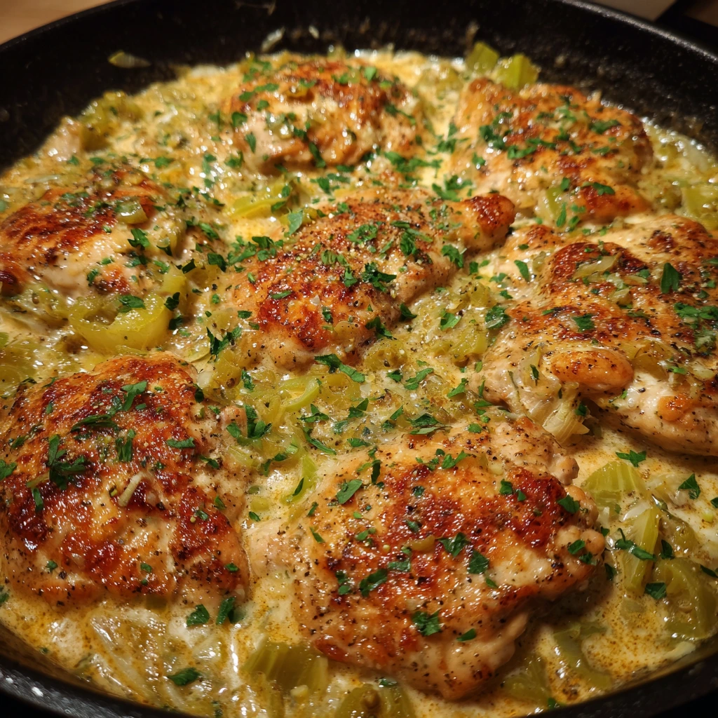 Creamy chicken skillet with pepperoncini slices and herbs