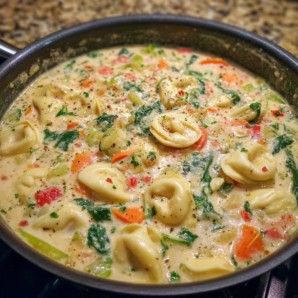 Close-up of cheesy tortellini in creamy tomato broth