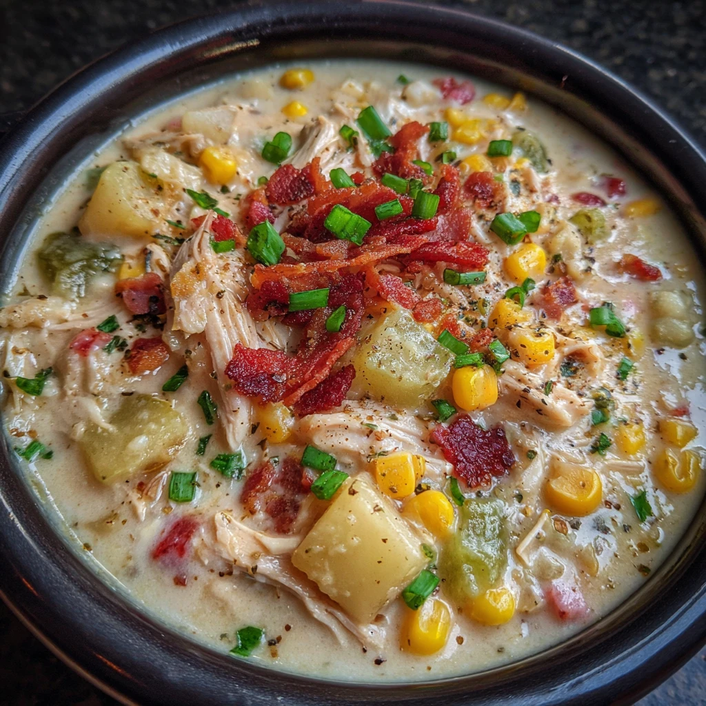 Soup topped with sour cream, turkey bacon, and green onions