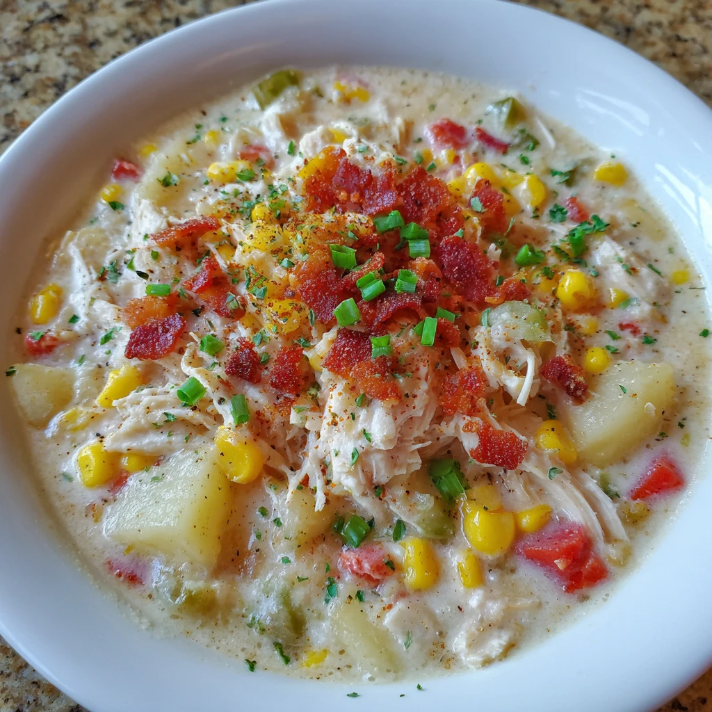 Ladle scooping creamy chowder from slow cooker