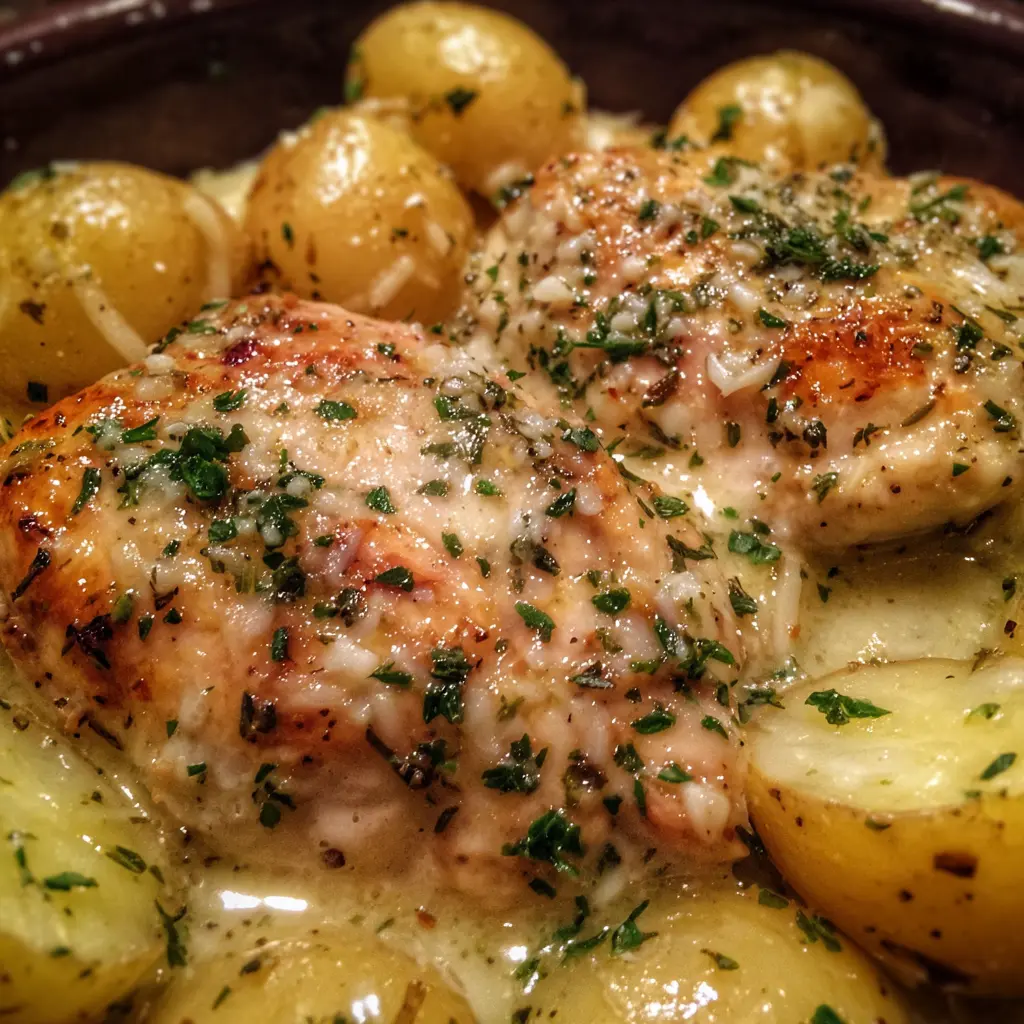 Crockpot chicken and potatoes in creamy garlic parmesan sauce