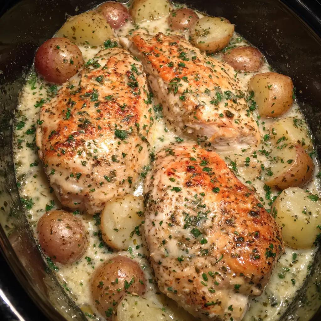 Tender chicken over baby potatoes in creamy herb sauce