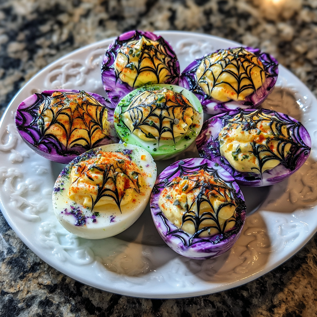 Halloween-themed deviled eggs with colorful marbled egg whites and vibrant yolk filling, garnished with spooky toppings.
