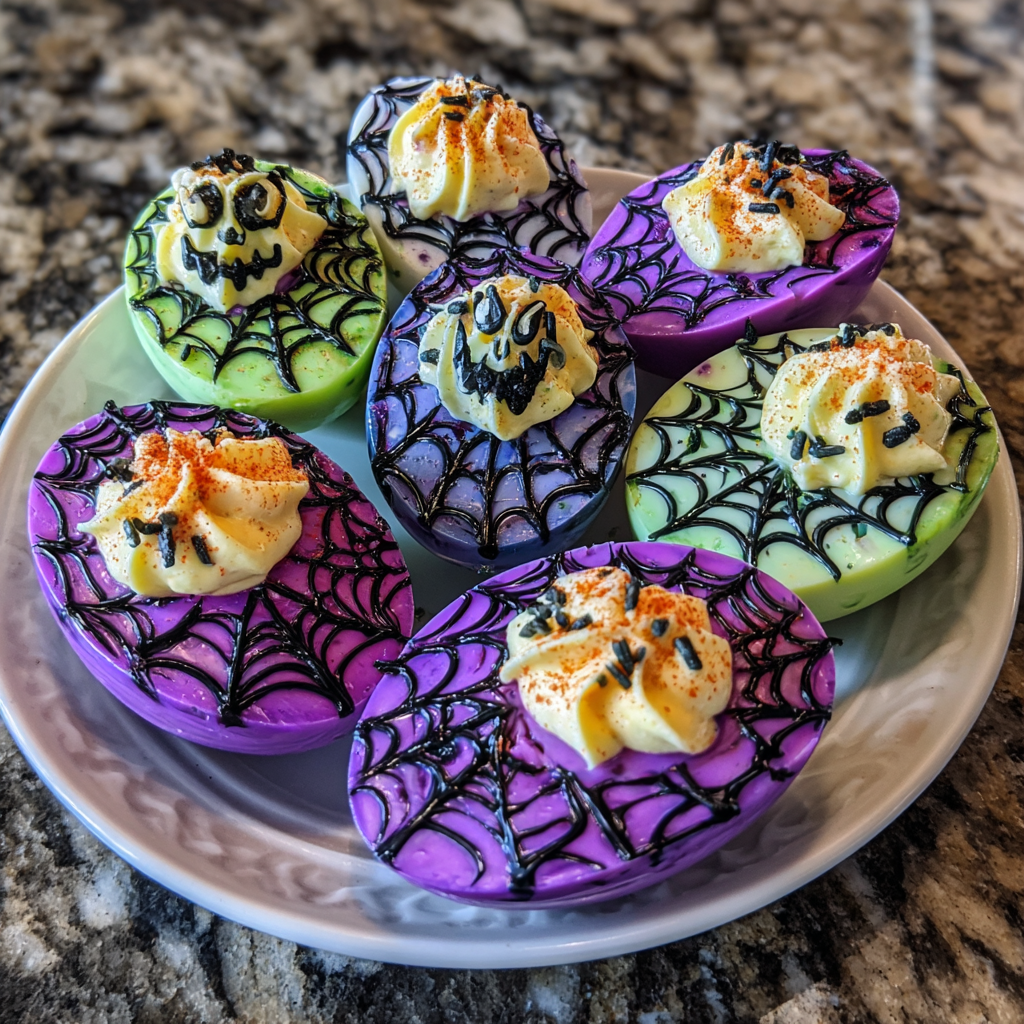 Halloween-themed deviled eggs with colorful marbled egg whites and vibrant yolk filling, garnished with spooky toppings.