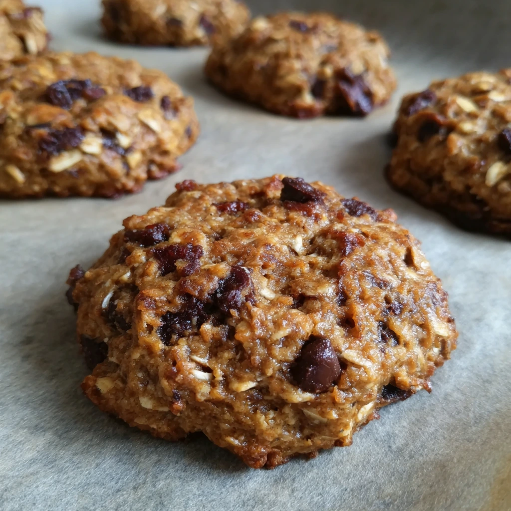 Chewy vegan cookies made with oats, bananas, and dates on a white plate.