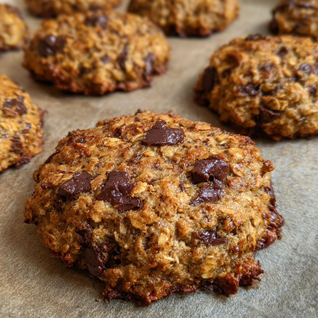 Stack of golden brown cookies with chocolate chips and oats sprinkled around.