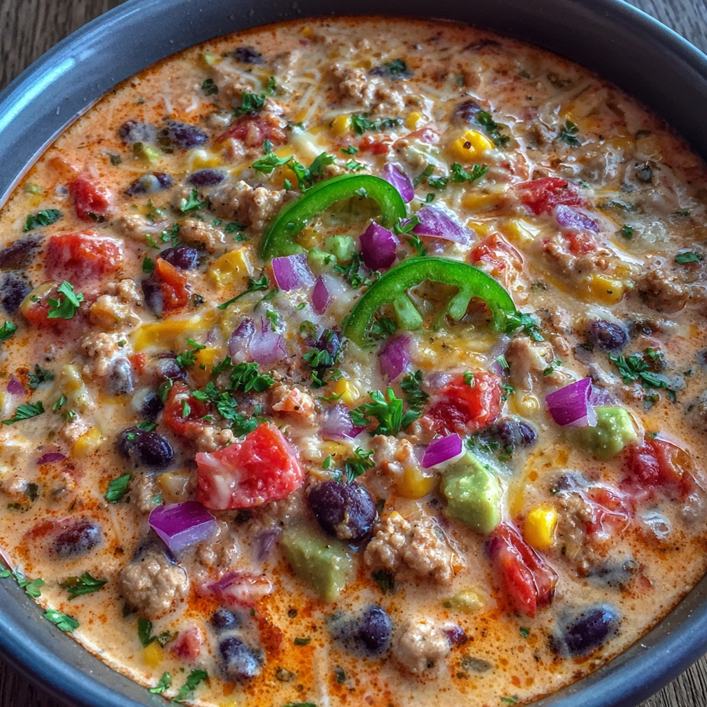 Pot of taco soup simmering with beans, corn, and cheese