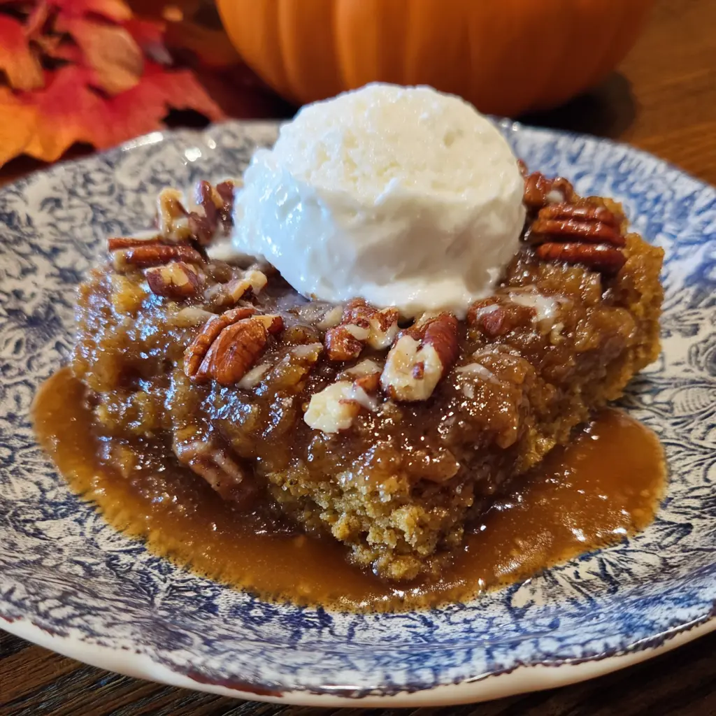 Spoonful of gooey pumpkin cobbler with pecans and sauce