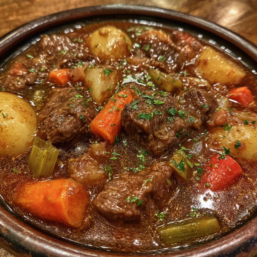 Close-up of chunky beef stew in a bowl with garnish