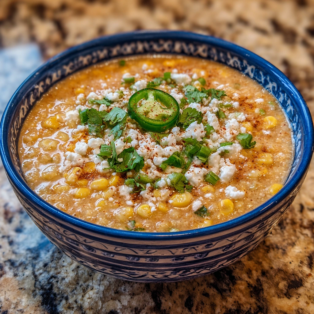 Close-up of creamy corn soup with lime and cilantro garnish