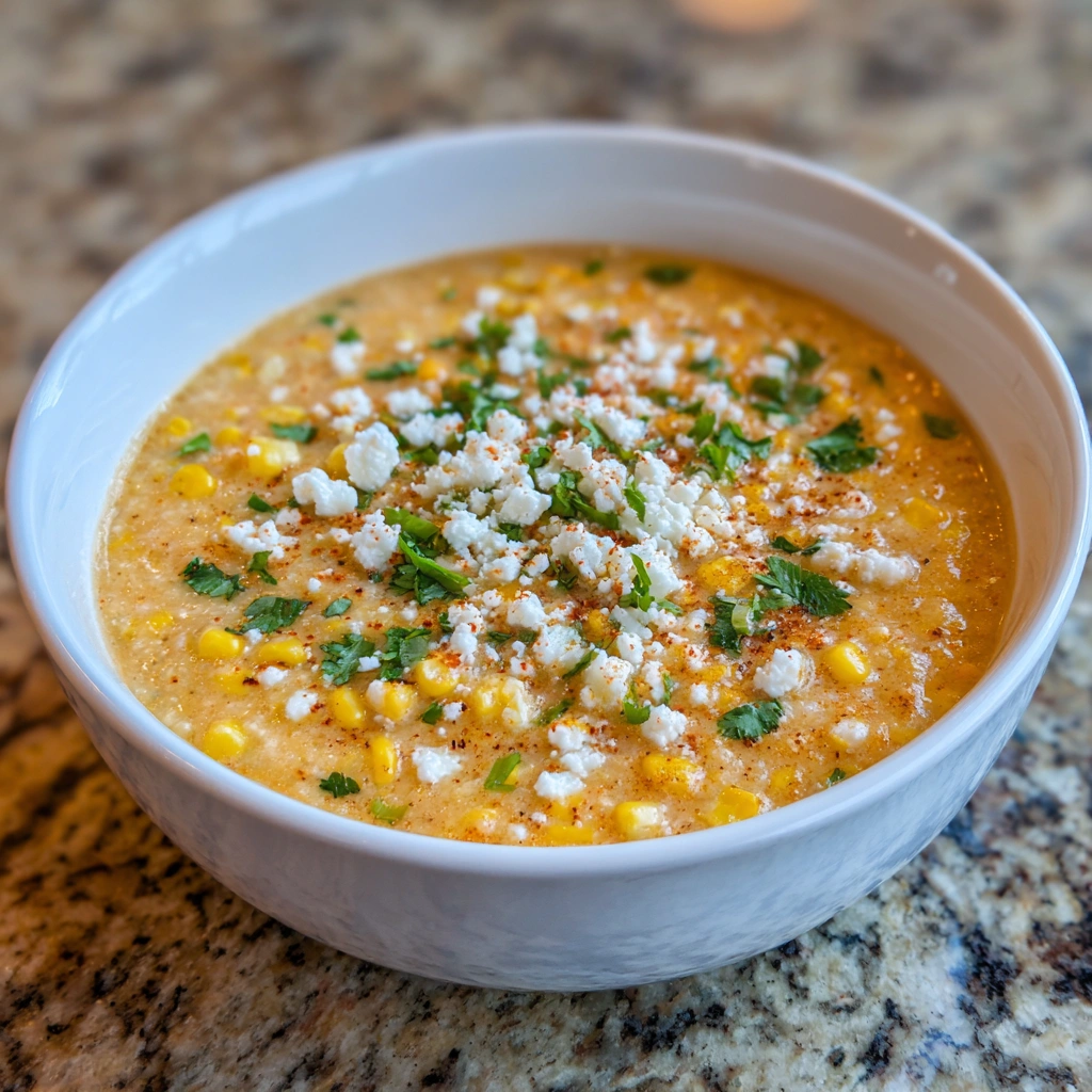 Pot of creamy Mexican street corn soup with chunks of corn and cheese