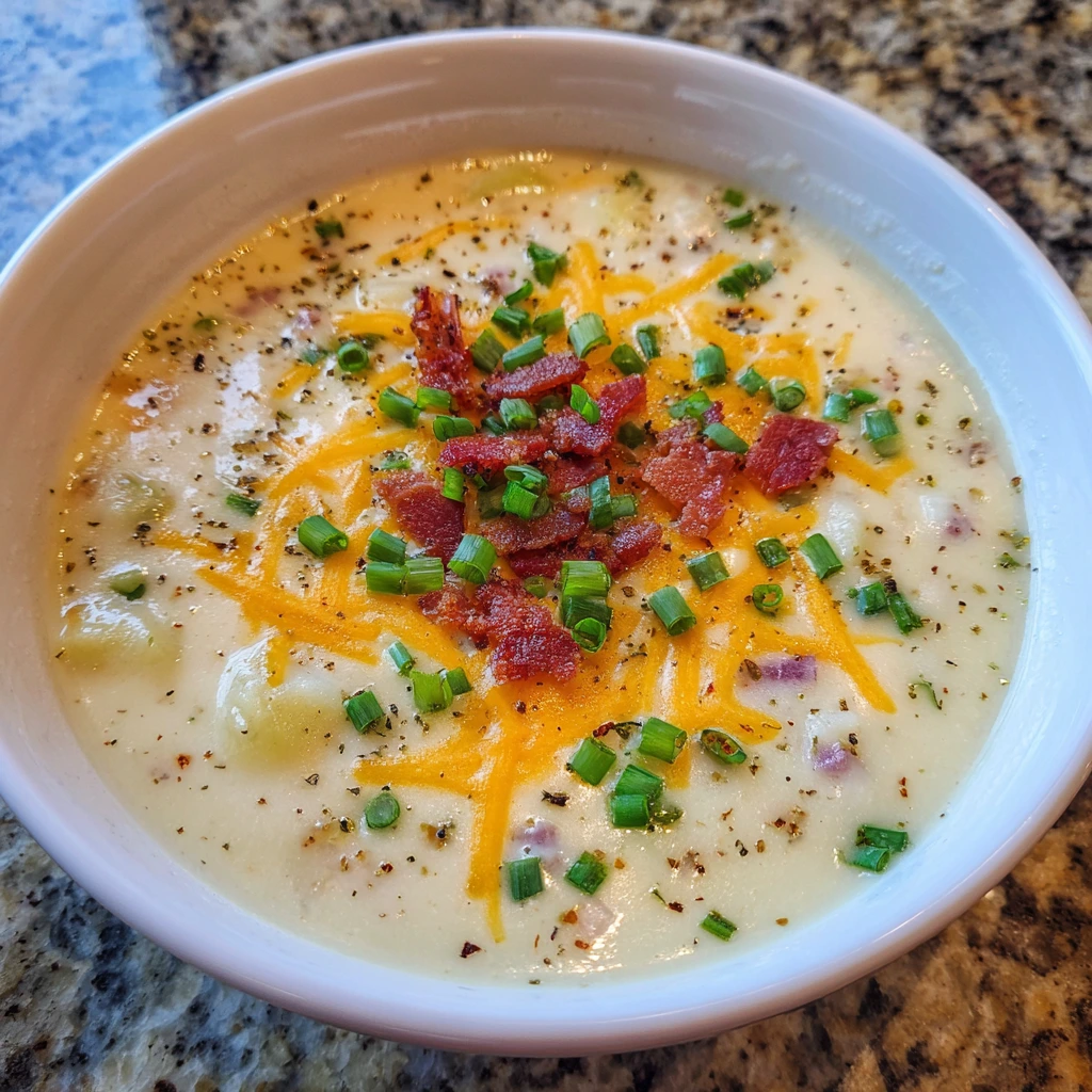 Creamy homemade potato soup in a bowl topped with cheese, green onions, and parsley.