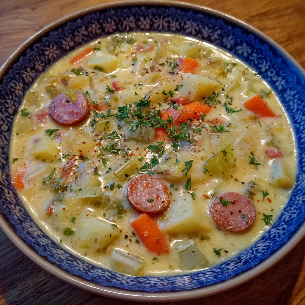 Creamy German potato soup in a bowl, garnished with parsley and vegan sausage slices.