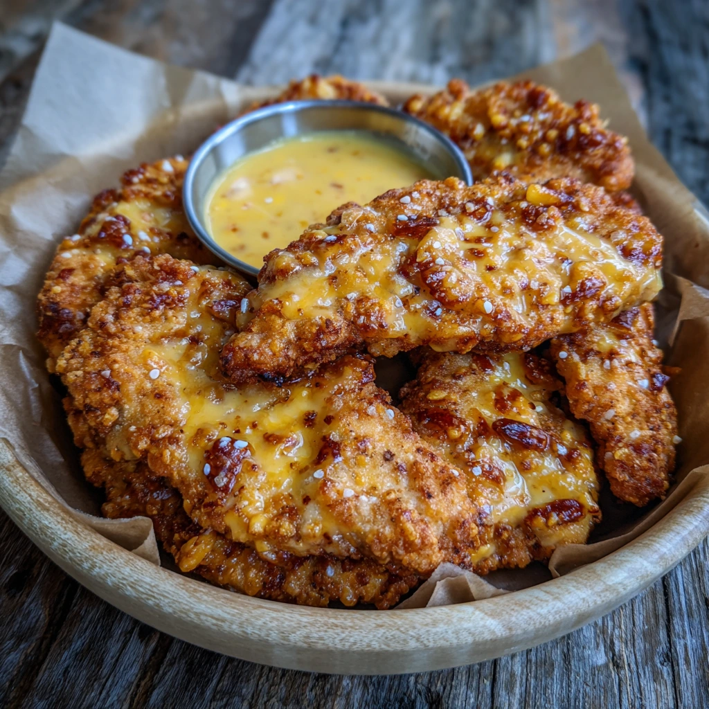 Crispy pretzel-coated chicken served with creamy mustard-cheddar sauce.
