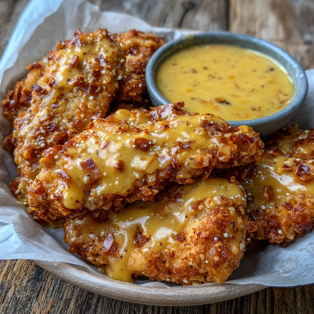 Close-up of golden-baked chicken tenders coated in crushed pretzels.