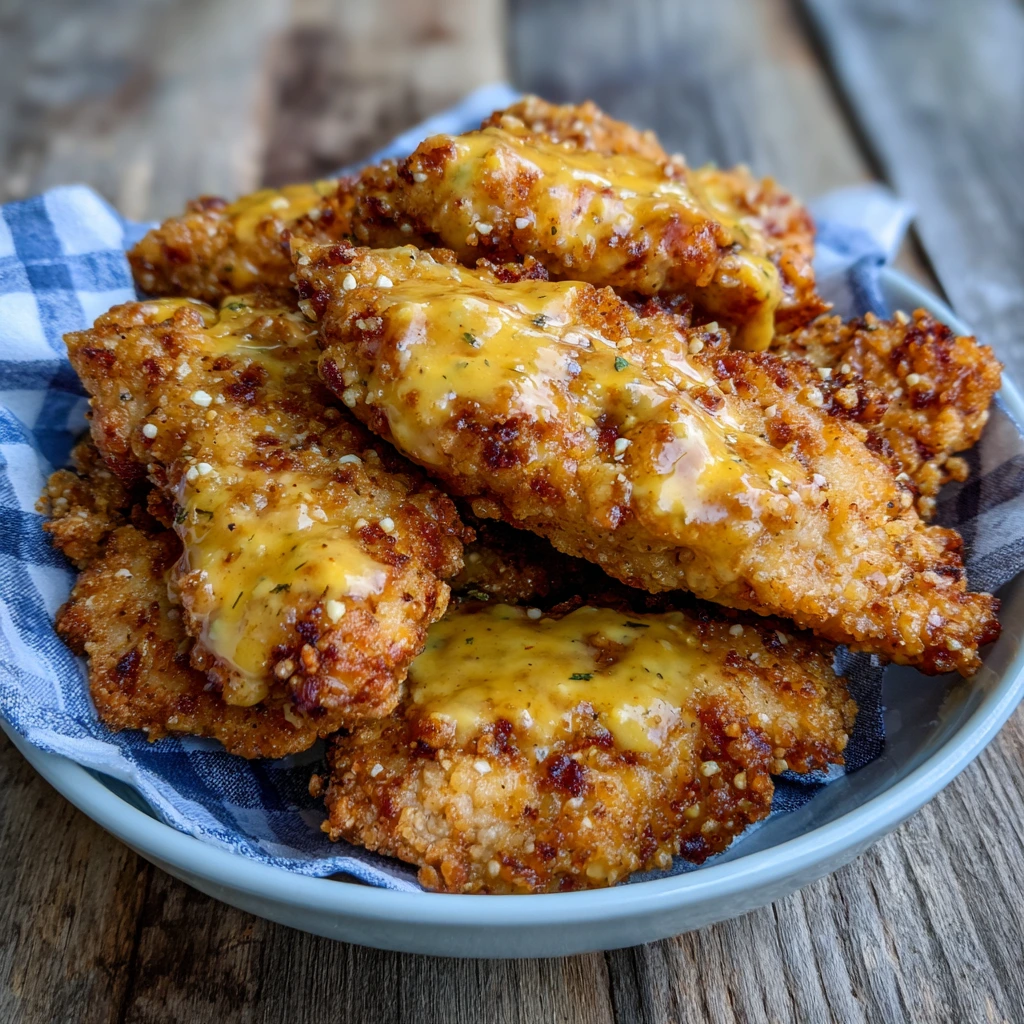 Baking sheet of pretzel-coated chicken fresh from the oven.