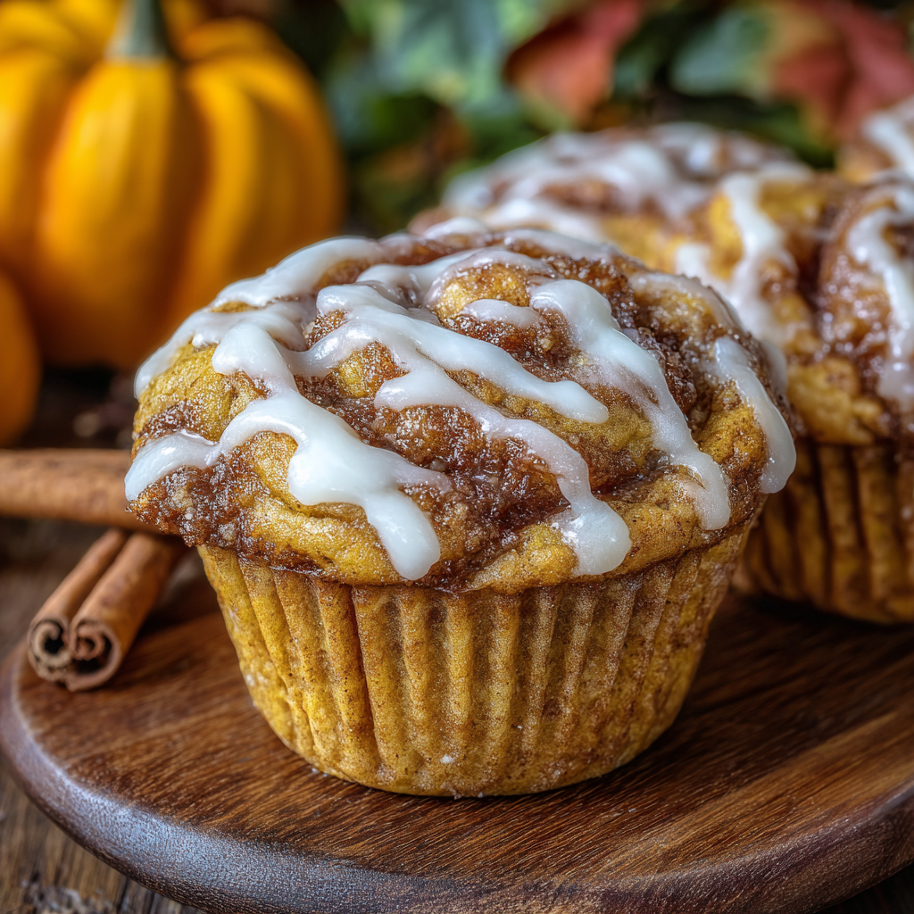 Swirled Pumpkin Cinnamon Roll Muffins with drizzled frosting