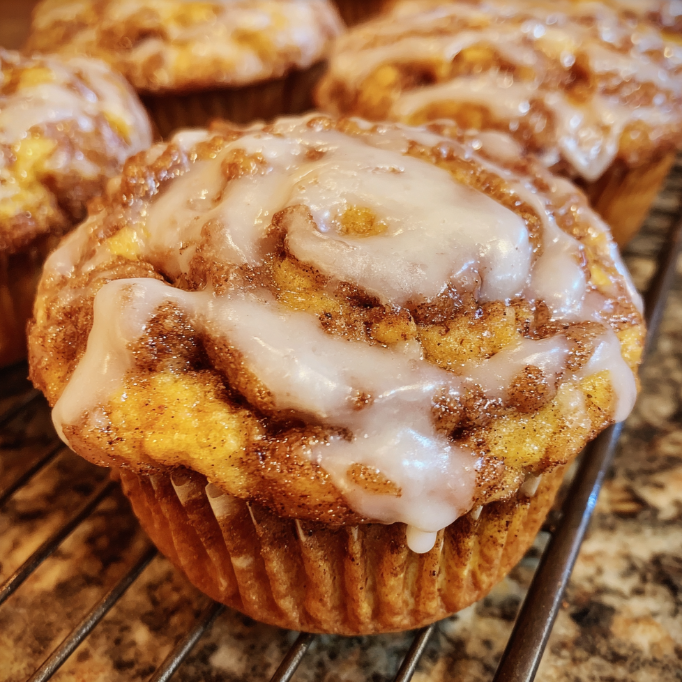 Pumpkin cinnamon roll muffin topped with cream cheese glaze