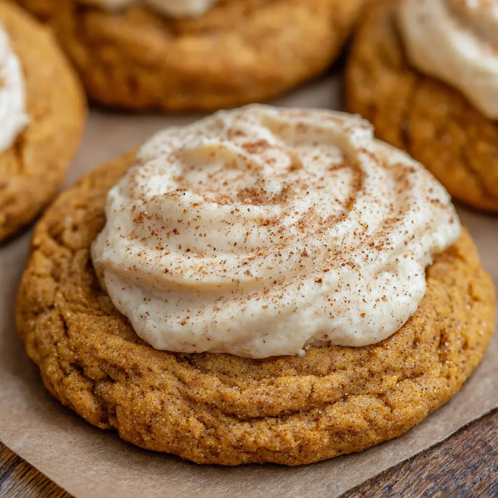 Close-up of pumpkin cookie with creamy frosting and cinnamon dust